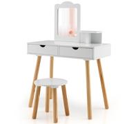 CostwayCoiffeuse 2 en 1 Pour Enfants avec Tabouret Mignon Table de Maquillage en Bois pour Enfants avec Miroir et 2 Tiroirs Blanc