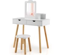 CostwayCoiffeuse 2 en 1 Pour Enfants avec Tabouret Mignon Table de Maquillage en Bois pour Enfants avec Miroir et 2 Tiroirs Blanc