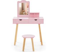 CostwayCoiffeuse 2 en 1 pour Enfants Table de Toilette et Tabouret en Boisavec 1 Miroir RectangulaireÂgés de 3 à 7 Ans Rose