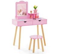 CostwayCoiffeuse 2 en 1 pour Enfants Table de Toilette et Tabouret en Boisavec 1 Miroir Rectangulaire 3 pour 3-7 Ans Rose