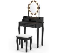 CostwayCoiffeuse avec 10 Ampoules Table de Maquillage avec Tabouret Miroir Interrupteur et 4 Tiroirs 75x40x145cm Noir