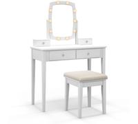 CostwayCoiffeuse avec Miroir Eclairé avec Lumières LED à Intensité Variable 3 Couleurs 4 Tiroirs Miroir Pivotant Tabouret Rembourré Blanc