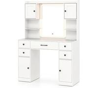 CostwayCoiffeuse avec Miroir Eclairé avec Lumières LED à Intensité Variable à 3 Couleurs Coiffeuse avec Station de Charge Etagères Ouvertes Blanc