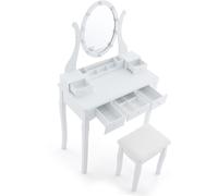 CostwayCoiffeuse avec Miroir Eclairé Coiffeuse avec 10 Ampoules LED 3 Modes de Couleurs Luminosité Réglable 5 Tiroirs avec Tabouret Rembourré Blanc