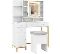 CostwayCoiffeuse avec Miroir Éclairé Ensemble de Coiffeuse et de Tabouret Miroir de Cabinet à LED 3 Couleurs Blanc