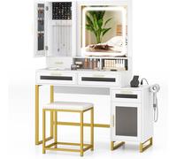 CostwayCoiffeuse avec Miroir Éclairé Ensemble de Table de Maquillage et Tabouret avec Station de Charge Lumières LED 3 Couleurs Blanc