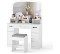 CostwayCoiffeuse avec Miroir et Éclairage Table de Maquillage de 108 cm avec Tabouret Station de Charge 3 Couleurs de Lumière 3 Tiroirs Blanc