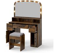 CostwayCoiffeuse avec Miroir et Éclairage Table de Maquillage de 108 cm avec Tabouret Station de Charge 3 Couleurs de Lumière 3 Tiroirs Brun