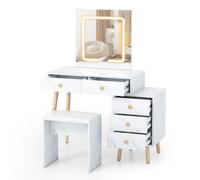 CostwayCoiffeuse avec Miroir et Lumières 3 Modes d'Éclairage Luminosité Réglable 5 Tiroirs Tabouret Rembourré Doux Table de Maquillage Blanc