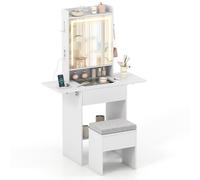 CostwayCoiffeuse avec Miroir et Lumières Table de Maquillage avec Plateau Visible Prises Électriques Panneaux Rabattables 3 Modes d'Éclairage Blanc