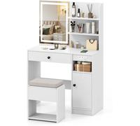 CostwayCoiffeuse avec Miroir et Lumières Table de Maquillage avec Tabouret de Rangement Coussiné Prises Électriques avec 3 Modes D'éclairage Blanc