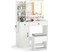 CostwayCoiffeuse avec Miroir Led Éclairé Ensemble Coiffeuse avec Tabouret avec Espace de Rangement Prises Couleurs de Lumière Réglables Blanc