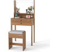 CostwayCoiffeuse avec Miroir & Lumières Petite Table de Maquillage avec Prises Électriques 3 Modes d'Éclairage & Tabouret Rembourré Naturel