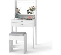 CostwayCoiffeuse avec Miroir & Lumières Petite Table de Maquillage avec Prises Électriques 3 Modes d'Éclairage & Tabouret Rembourré Blanc