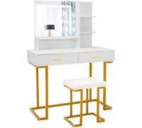 CostwayCoiffeuse avec Miroir Lumineux et Tabouret Cadre en Acier avec 2 Tiroirs 3 Étagères pour Chambre Vestiaire 100 x 45 x 137 cm