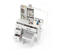 CostwayCoiffeuse avec Miroir & Tabouret Table de Maquillage avec Chaise 4 Tiroirs Étagères de Rangement Miroir à Couleur Luminosité Réglables Blanc