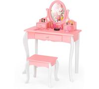 CostwayCoiffeuse avec Tabouret pour Enfants de Style Princesse avec Miroir Pivotant à 360° Amovible et 3 Tiroirs Rose et Blanc