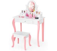 CostwayCoiffeuse avec Tabouret pour Enfants de Style Princesse avec Miroir Pivotant à 360° Amovible et 3 Tiroirs Blanc