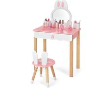 CostwayCoiffeuse avec Tabouret pour Enfants Miroir Amouvible avec 1 Tiroirs 2 Boîtes de rangement Rose