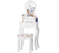 CostwayCoiffeuse avec Tabouret Table de Maquillage avec 3 Tiroirs et Dessus Amovible Blanc
