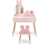 CostwayCoiffeuse Enfant avec Chaise et Miroir en Forme Lapin Table de Maquillage 2 Tiroirs et Étagère en Bois Rose