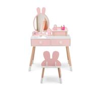 CostwayCoiffeuse Enfant avec Chaise et Miroir en Forme Lapin Table de Maquillage 2 Tiroirs et Étagère en Bois Rose