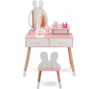CostwayCoiffeuse Enfant avec Chaise et Miroir en Forme Lapin Table de Maquillage 2 Tiroirs et Étagère en Bois Blanc