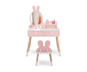 CostwayCoiffeuse Enfant avec Chaise et Miroir en Forme Lapin Table de Maquillage 2 Tiroirs et Étagère en Bois Rose