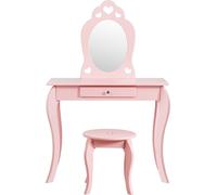 CostwayCoiffeuse Enfant avec Miroir Inclus de Table de Maquillage et deTabouret Dessus Amovible Rose