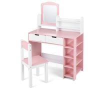 CostwayCoiffeuse Enfant avec Tabouret et Miroir 2-en-1 Bureau de Coiffeuse en Bois avec 2 Tiroirs Compartiments Ouverts Blanc