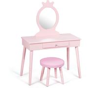 CostwayCoiffeuse Enfant avec Tiroir et tabouret Table de Maquillage de Filles Style Princesse Européenne Rose