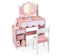 CostwayCoiffeuse Enfant Fille avec Chaise et Miroir Pivotant à 360° Bureau Enfant avec 2 Tiroirs Charge 50/75 kg pour 3-7 Ans Rose