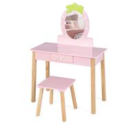 CostwayCoiffeuse Enfant Miroir Amovible avec Tabouret Peigne et Tiroir en Bois d'Eucalyptus et MDF Rose pour Fille
