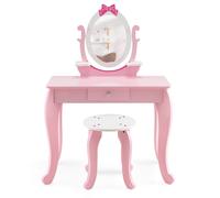 CostwayCoiffeuse Enfant Miroir Rotatif à 360° Tabouret 1 Tiroir et 2 Etagères de Rangement Rose pour Fille 3 7 ans