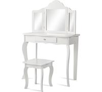 CostwayCoiffeuse Enfant Rose avec Tabouret Table de Maquillage avec Miroir à Trois Panneaux et Tiroir 70 x 34 x 104 CM Blanc