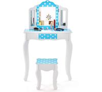 CostwayCoiffeuse Enfants avec Miroir Amovible à 3 Volets & Tabouret Table de Maquillage avec Tiroir & Dispositif Anti Basculement Bleu