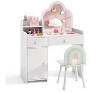 CostwayCoiffeuse et de Chaise pour Enfants Ensemble de Coiffeuse avec Miroir en Forme de Nuage Etagère Ouverte Tiroirs pour 3-7 Ans Blanc