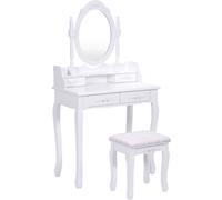 CostwayCoiffeuse et tabouret avec miroir pivotant Table de maquillage pour chambre salle de bain, 4 tiroirs en MDF laqué blanc