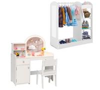 CostwayCoiffeuse et Tabouret pour Enfants avec Miroir Blanc + Meuble Rangement Ouverte avec 4 Étagères et Porte-Vêtements en Bois Blanc