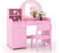 CostwayCoiffeuse et Tabouret pour Enfants avec Miroir et 120 Lumières LED Bureau Enfants avec Chaise 2 Étagères et Tiroir Rose