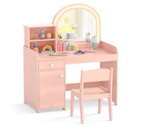 CostwayCoiffeuse et Tabouret pour Enfants avec Miroir et 120 Lumières LED Bureau Enfants avec Chaise 2 Étagères et Tiroir Rose+Blanc