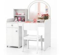 CostwayCoiffeuse et Tabouret pour Enfants avec Miroir et 120 Lumières LED Bureau Enfants avec Chaise 2 Étagères et Tiroir Blanc