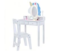 CostwayCoiffeuse pour Enfant Bureau 2 en 1 avec Miroir et Tabouret Lumières LED 2 Tiroir Dispositif Anti-basculement pour 3-6 Ans Blanc