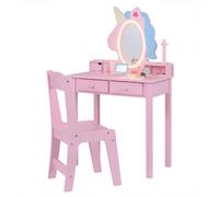 CostwayCoiffeuse pour Enfant Bureau 2 en 1 avec Miroir et Tabouret Lumières LED 2 Tiroir Dispositif Anti-basculement pour 3-6 Ans Rose