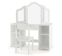 CostwayCoiffeuse pour Enfants 2 en 1 avec Chaise Miroir Amovible à Trois Volets 4 Compartiments de Stockage Blanc