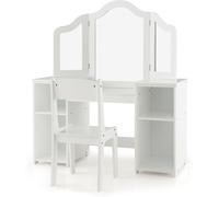 CostwayCoiffeuse pour Enfants 2 en 1 avec Chaise Miroir Amovible à Trois Volets 4 Compartiments de Stockage Blanc