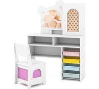 CostwayCoiffeuse pour Enfants avec Lumières avec Fauteuil 5 Tiroirs et 2 Compartiments Armoire à Porte Unique Étagère Ouverte pour 3+ Ans Blanc