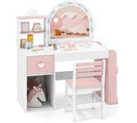 CostwayCoiffeuse pour Enfants avec Lumières Table de Maquillage Princesse avec Miroir Éclairé Bibliothèque Ouverte Tiroir de Rangement Blanc