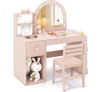 CostwayCoiffeuse pour Enfants avec Lumières Table de Maquillage Princesse avec Miroir Éclairé Bibliothèque Ouverte Tiroir de Rangement Rose