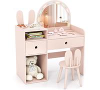 CostwayCoiffeuse pour Enfants avec Lumières Table de Maquillage Princesse Lapin avec Miroir Lumineux Étagères Ouvertes & Tiroirs de Rangement Rose